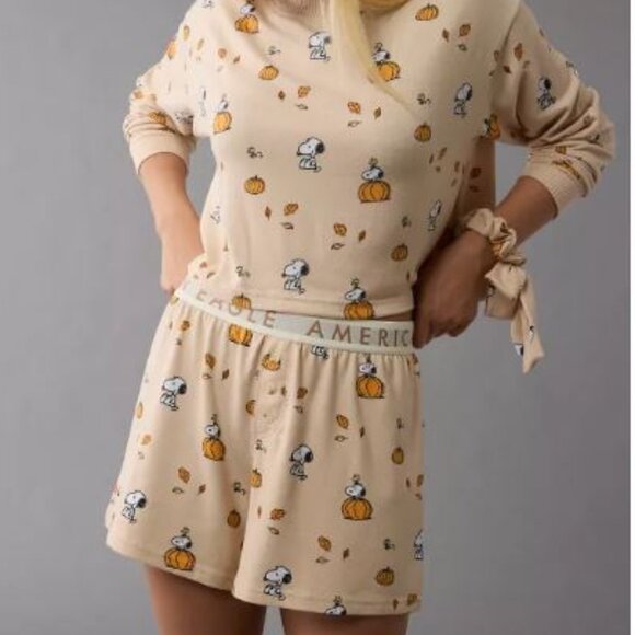 NEW American Eagle Peanuts Fall Pumpkin Plush Snoopy & Woodstock PJ Set XXL - Picture 4 of 7